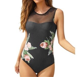 Women’s floral one piece swimsuit with high mesh neck shoulders size XL NWOT